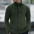 High-quality detail shot of a men's dark green mock neck knit cardigan with wooden buttons - M / Tops / Army Green