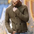 Close-up of men's olive green double-breasted knit cardigan with a textured high collar - M / Tops / Khaki