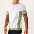 Men's slim fit knit short sleeve polo shirt with sage green and grey color blocking - M / Tops / Gray