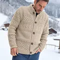 Close-up showing intricate cable knit textures and button details on this men's winter cardigan. - S / Tops / Apricot
