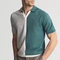 Close-up of men's knit polo shirt featuring green and grey color-blocking and ribbed texture - M / Tops / As Shown