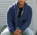 Macro view of a classic blue ribbed knit shawl collar cardigan for men's fashion - M / Tops / Blue