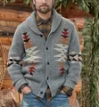 Close-up of men's knitted shawl collar cardigan with geometric southwestern jacquard pattern - M / Top (BK0037) / Gray