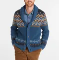 Detail view of men's blue shawl collar knitted cardigan with mustard jacquard patterns. - M / Tops / Blue