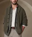 Detailed macro shot of men's army green shawl collar chunky knit cardigan sweater - M / Tops / Army Green