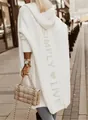 Detail of the back of a white hooded knitted sweater coat with Simply Love text - S / Tops / White