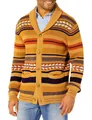 Detailed shot of a men's shawl collar knit cardigan with tribal patterns and stripes - M / Tops / Ginger Color Block