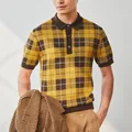 Detailed view of yellow plaid knitted polo shirt for men's casual business wear - M / Tops / Yellow