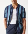 Close-up view of men's blue striped knit polo cardigan with breathable hollow texture. - M / Tops / Blue
