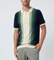 Detailed view of a men's multi-color vertical stripe knitted polo shirt with ribbed cuffs. - M / Tops / Green