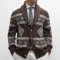 Men's brown business casual knit cardigan featuring intricate white geometric jacquard patterns - M / Tops / Coffee