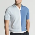 Men's blue and white color-block knit Polo shirt with short sleeves and turn-down collar - M / Tops / Blue