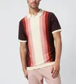 Close-up detail of a men's knit Polo shirt with retro multi-color vertical stripes - M / Tops / Red