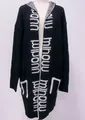 Long black hooded knit cardigan with white letter patterns presented on a mannequin torso - Black