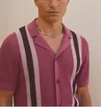 Detail of breathable textured knit polo shirt with pink and purple vertical stripes - M / Tops / Rose Red