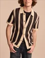 Close-up of men's casual striped hollow knit polo shirt with retro crochet texture. - M / Tops / Dark Coffee
