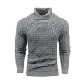Close-up detail of grey basketweave knit texture on a men's shawl collar sweater - S / Tops / Gray