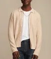 Detail view of men's long-sleeve knit polo cardigan with pointelle vertical stripes - M / Tops / Apricot