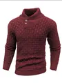 Detail view of a maroon men's knitted sweater with a textured basket-weave pattern - S / Tops / Burgundy