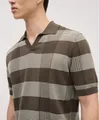Close-up detail view of men's knitted Polo shirt with striped texture and V-neckline - M / Tops / Coffee