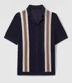 Detail shot of men's breathable hollow-out knitted Polo shirt with stylish vertical stripes. - M / Tops / Blue
