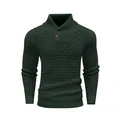 Detail view of dark green men's shawl collar sweater with textured knit pattern - S / Tops / Dark Green