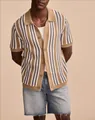 Detail of men's short sleeve striped crochet knit polo shirt in khaki and blue. - M / Tops / Light Coffee