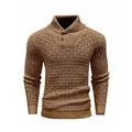 Detailed view of a brown men's knit sweater featuring a shawl collar and buttons. - S / Tops / Coffee Color