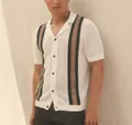 Close-up of men's breathable hollow knit polo shirt featuring stylish vertical stripes - M / Tops / White