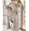 Women's oversized khaki hooded long knit cardigan featuring white letter pattern design - S / Tops / Light Brown