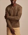 Detail of a men's brown crewneck knitted sweater featuring a retro checkerboard pattern. - M / Tops / Brown (BK0069)