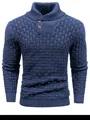 Detailed front view of blue men's knitted sweater featuring basket-weave texture - S / Tops / Navy Blue