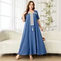 Elegant plus size blue maxi dress featuring delicate white embroidery and a stylish tassel - 0XL / Tops / Blue