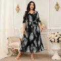 Elegant plus-size V-neck floral print mesh dress featuring a waist tie and midi length - 1XL / Black