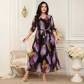 Elegant plus size black V-neck floral print mesh midi dress with waist tie for women - 3XL / Multicolor