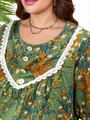 Detail view of a vintage green floral maxi dress with white lace trim and buttons. - 0XL / Top And Bottom / Green