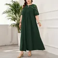 Plus size σκούρο πράσινο μάξι φόρεμα με κέντημα δαντέλας και πιέτες - 0XL / Tops / Σκούρο Πράσινο