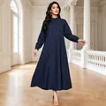 Elegant long-sleeved denim texture maxi dress in deep blue for modest daily wear. - 3XL / Top And Bottom / Blue