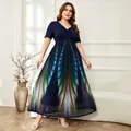 Plus size navy V-neck short sleeve dress featuring gradient feather print mesh skirt - 2XL / Dark Blue
