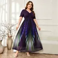Plus size V-neck twist knot maxi dress with purple gradient feather print and mesh overlay - 3XL / Purple