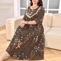 Plus size retro floral maxi dress with lantern sleeves and lace trim in dark grey - 1XL / Top And Bottom / Coffee Brown