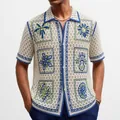 Heren resort stijl gehaakt gebreid shirt met blauwe en groene tropische borduursels - M / Tops / Abrikoos