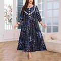 Plus size vintage floral maxi dress with lantern sleeves and lace trim for vacation - 4XL / Top And Bottom / Blue