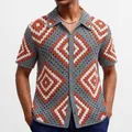 Men's bohemian crochet knit polo shirt with geometric diamond pattern in earth tones - 3XL / Tops / Red & Grey