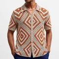 Men's vintage bohemian style crochet knit polo shirt with geometric diamond pattern - 3XL / Tops / Red Card