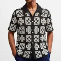 Men's black and white contrast crochet hollow knit short-sleeve polo shirt - M / Tops / Black