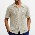 Intricate relief floral knit polo shirt for men in cream with hollow-out lace details. - M / Tops / Apricot