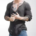 Men's American vintage charcoal grey V-neck knit sweater with a relaxed fit and raw hem. - M / Tops / Gray