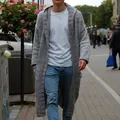 Men's retro long hooded knit cardigan in grey melange, relaxed fit open front sweater coat - M / Tops / Gray