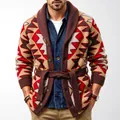 Men's heavy geometric jacquard knit cardigan with shawl collar and belt in western style - M / Tops / Brown